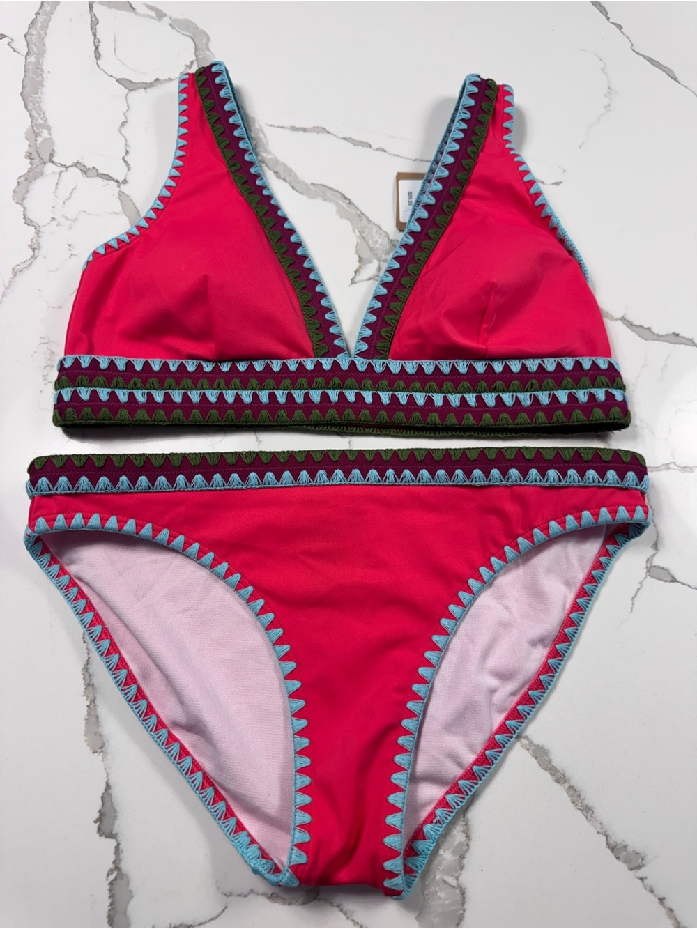 Boden Pink Two-Piece Bikini with Blue and Olive Trim